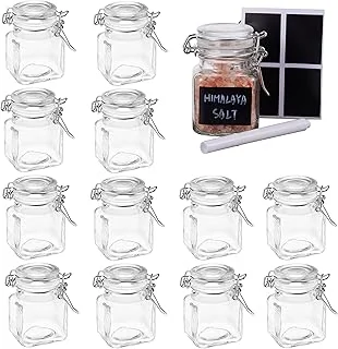 Oak & Steel - 12 Mini Pots à Épices en Verre Hermétique, Petits Bocaux en Verre avec Clip, 24 Étiquettes & Stylos à Craie (100ml) - Solide & Pratique - Rangement Épices de Cuisine