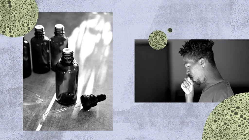 Flacons d'huiles essentielles utilisés pour soulager les symptômes du rhume et de la toux